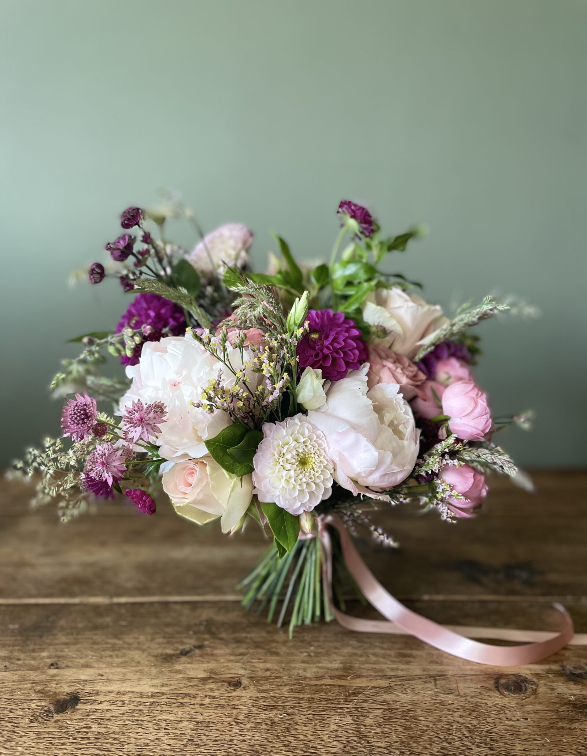 A pink and white wedding bouquet