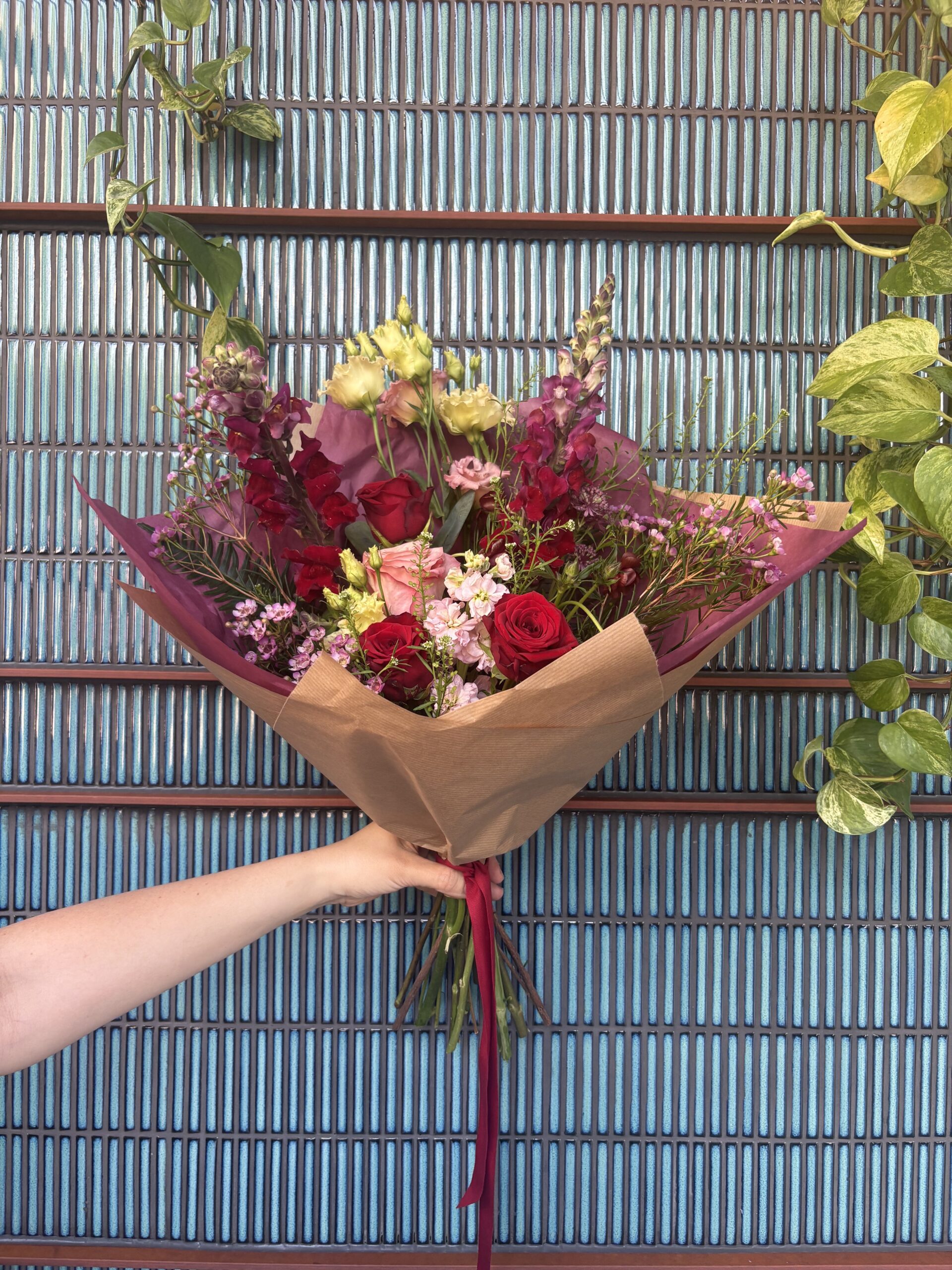 Graduation bouquet, reds & pinks